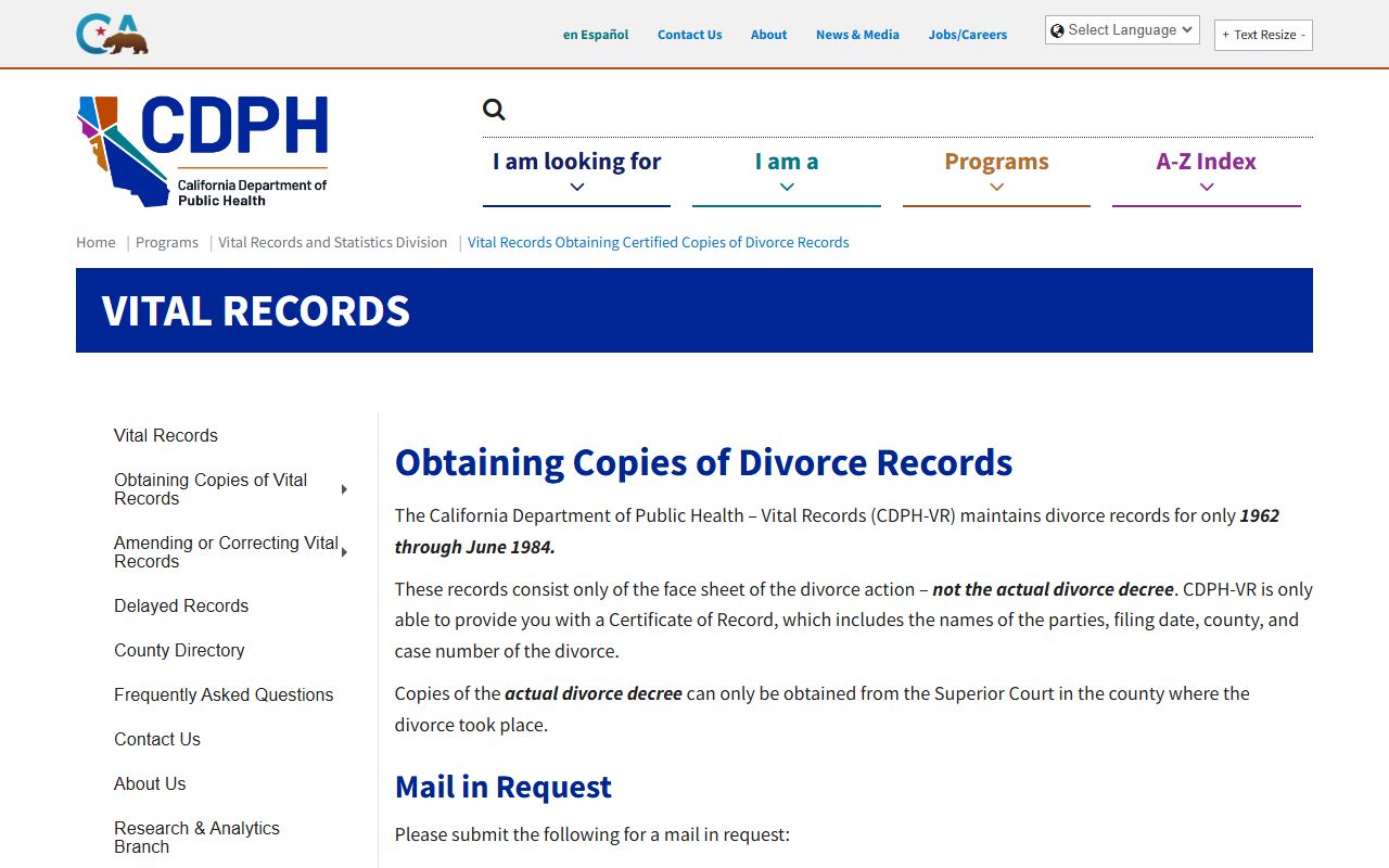CDPH divorce records request information page